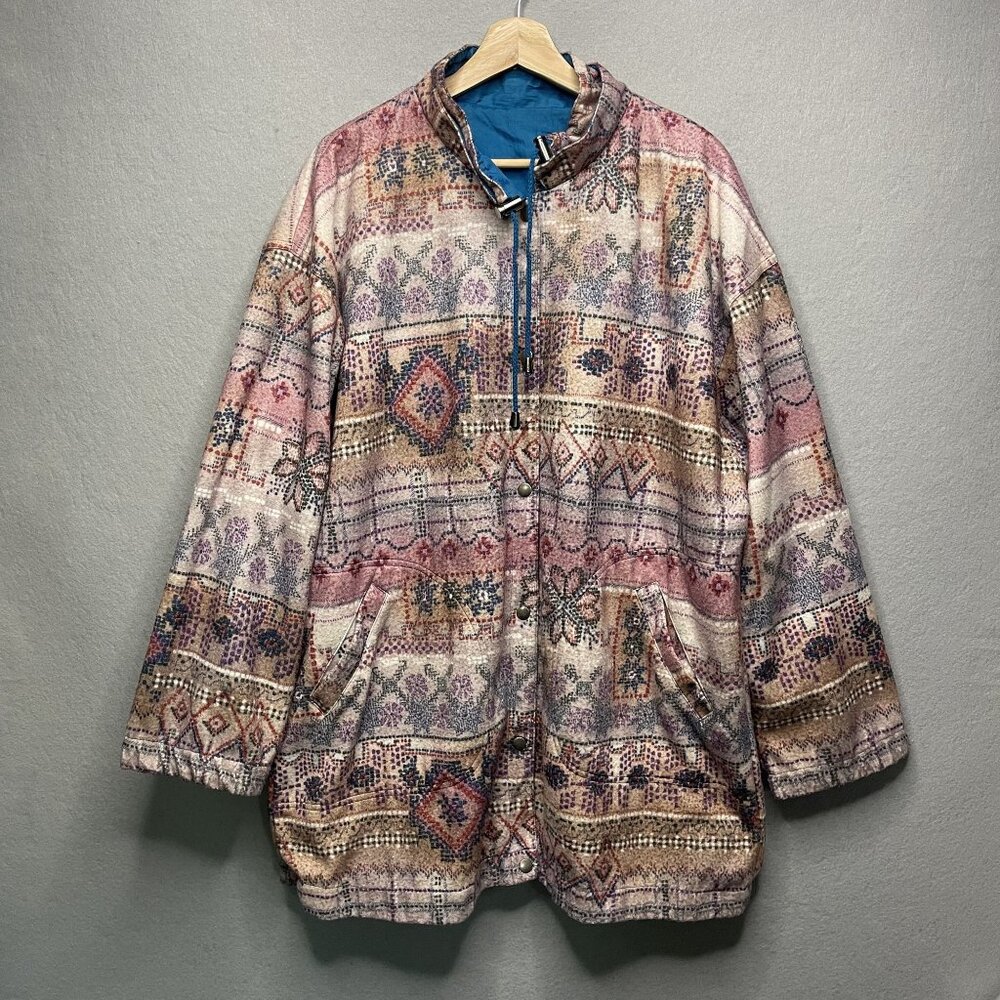Vintage Reversible Ladies Jacket L Large Multicolor Boho Print & Solid Blue